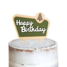 MUWEOL Drevená ozdoba na tortu Happy Camper - ozdoba na tortu Happy Birthday, kempingová narodeninová párty dekorácia, lesné ozdoby na tortu pre