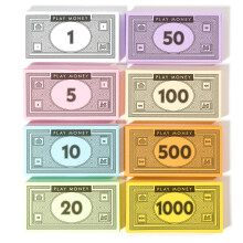 Soldi finti Opoly - 720 pezzi di denaro sostitutivo per giochi da tavolo - 90 di ogni banconota in 8 tagli - $ 1, 5, 10, 20, 50, 100, 500 e $ 100