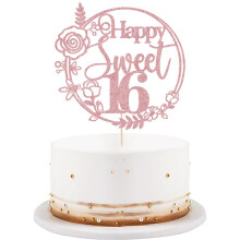 Cake Topper Feliz 16 Anos em Glitter Dourado Rosa - Decoração de Aniversário 16