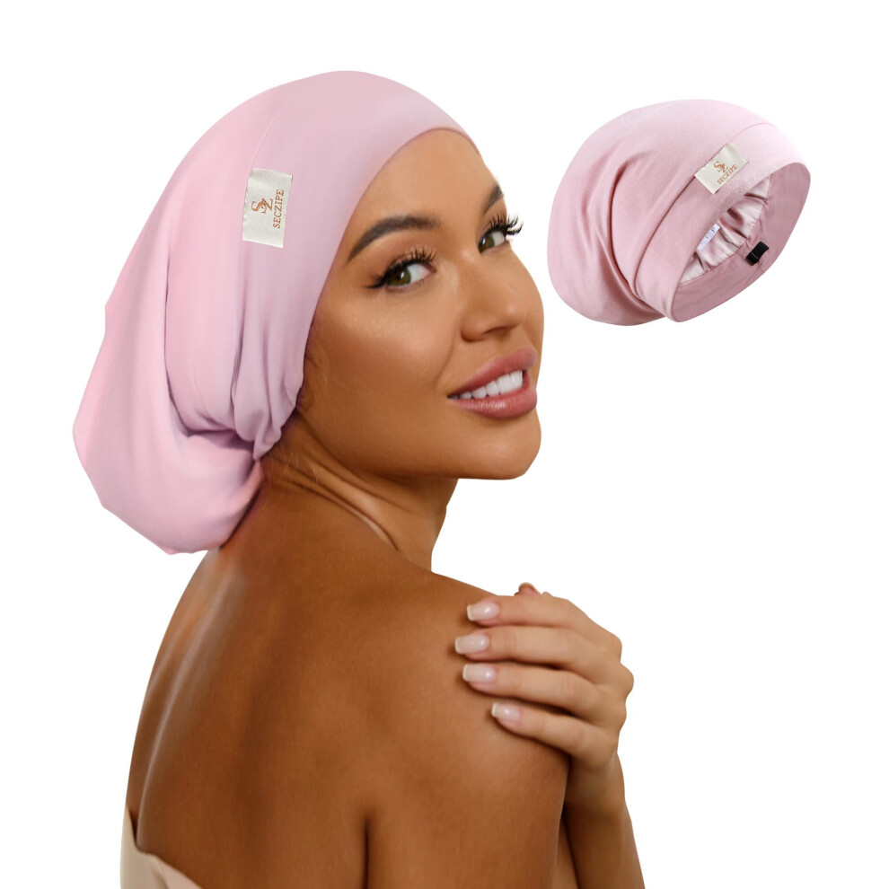 Seczipe Pink 100% Mulberry Silk Bonnet For Sleeping For Curly Hair And Braids Wrap With Adjustable Strap For Women And Men Real Silk Not Satin(1Pc