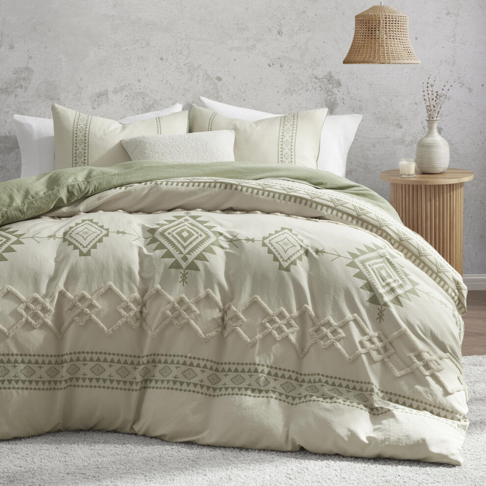 Parure de lit 3 pi   ces en microfibre, style boh   me, beige et vert sauge, housse de couette Queen Size, r   sistante et ultra douce, avec fermeture