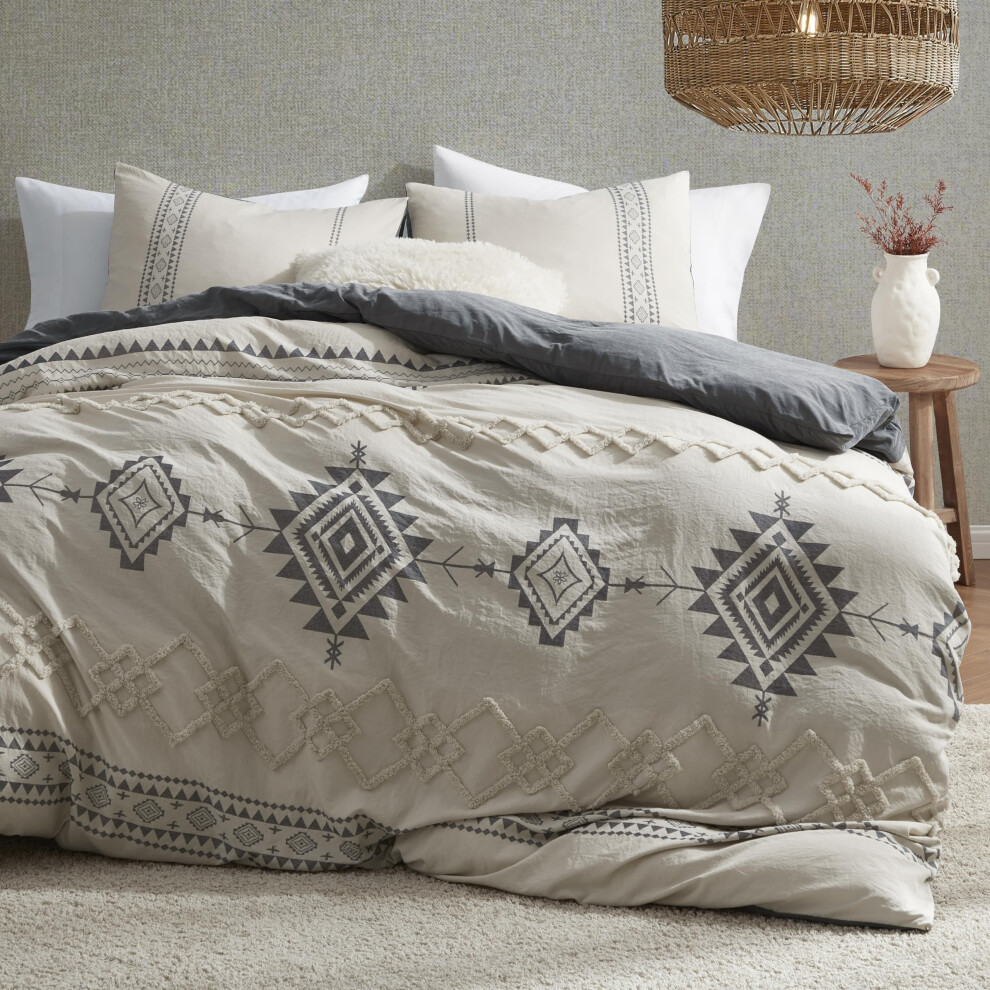 Oli Anderson Boho Duvet Cover Set King Size Beige and Gray Color Clash 3 Pieces Microfiber Bedding Set Durable and Super Soft Comfoter Cover wi