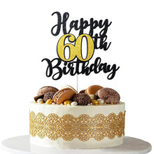 Topo de Bolo Aniversário 60 Anos Preto Dourado Brilhante Parabéns pelos 60 Anos