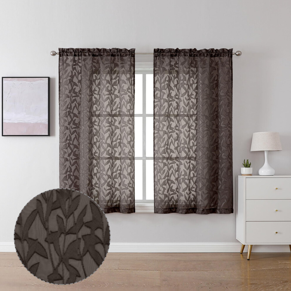Lecloud Leia Jacquard Textured Chocolate Brown Semi Sheer Curtain 45 Inch Length  Balance Light & Privacy Clip Leaf Voile Curtain for Living Room  Dua-image-OPC-PFNRX6T-NEW