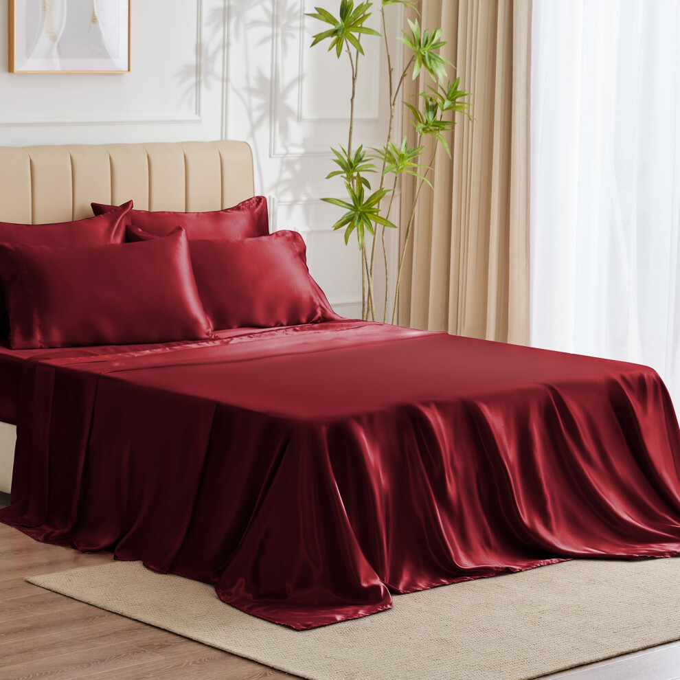 Draps en satin CozyLux pour lit double - Parure de lit bordeaux 6 pi   ces avec microfibre soyeuse, 1 drap-housse     poche profonde, 1 drap plat et