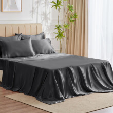 CozyLux Satin Sheets King Size - 6 Piece Dark Grey Bed Sheet Set with Silky Microfiber 1 Deep Pocket Fitted Sheet 1 Flat Sheet and 4 Pillowcases -