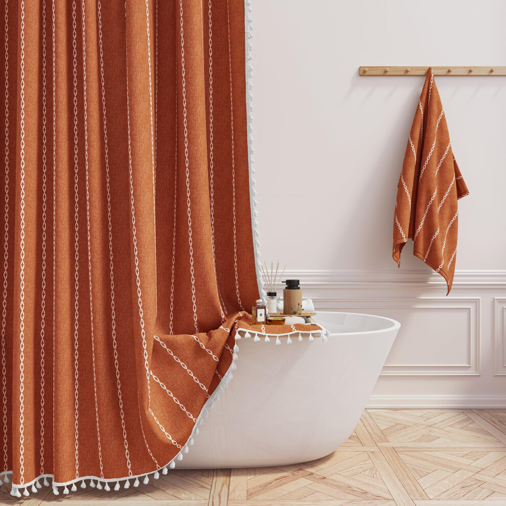 Rideau de douche extra long BTTN 72 x 84 pouces de long, ensemble de rideau de douche en lin     pompons boh   me avec crochet en plastique, grand ri