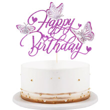 Topo de Bolo Feliz Aniversário Dourado Roxo - Decorações de Borboleta 3D para Festas de Aniversário de Crianças
