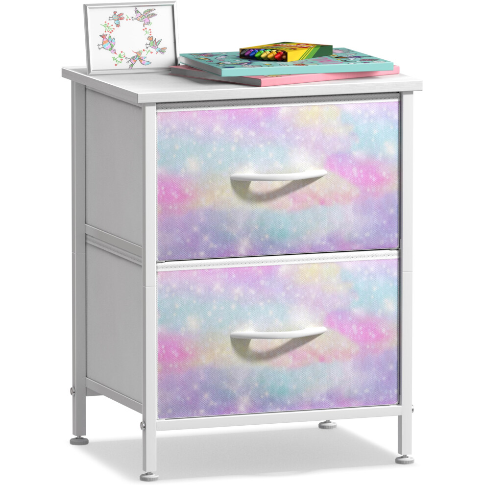 Commode Sorbus pour enfants avec 2 tiroirs - Coffre de rangement, table de chevet, cadre en acier, plateau en bois, bacs en tissu tie-dye pour v