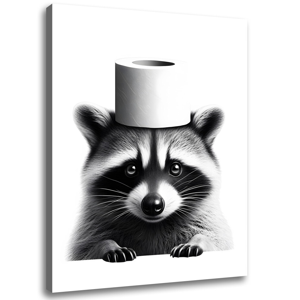 Funny Bathroom Decor Wall Art  Cute Raccoon Toilet Paper Roll Canvas Wall Decor  Humor Farmhouse Animal Wall Art  Black and White Wall Art Decor  Mode