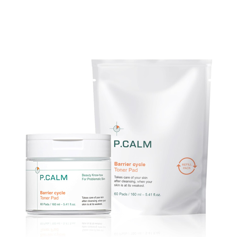 P.calm Barrier Cycle Toner Pad With Refill Pack 60 + 60 Pads | Korean Skincare Daily Toner Pad For Calming Hydrating Soothing Sebum Care For Sensitive