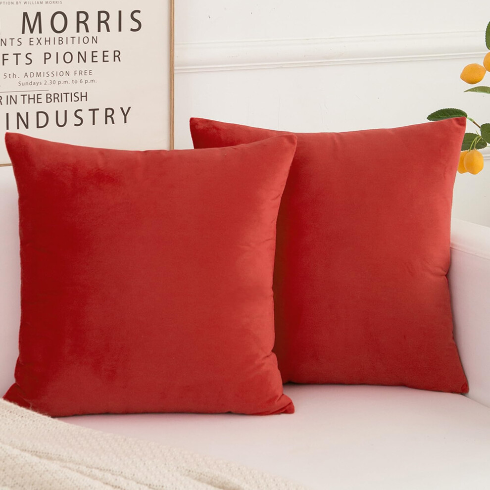 Herayli Copricuscini Decorativi In Velluto, Morbidi Federe Quadrate Per Cuscini Decorativi Per La Casa, Per Divano Letto, Set Da 2 Pezzi, Rosso,-image