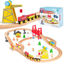 60PCS Conjunto de Comboio de Madeira Montessori - Construção Express, Engenharia com Grua Magnética