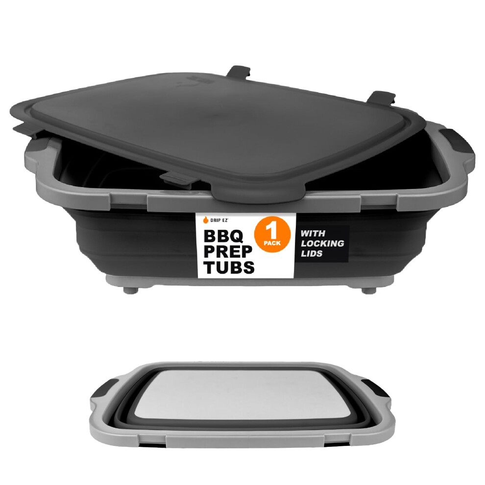 Drip EZ Collapsible BBQ Prep Tub (V2) - For Meal Prep Marinating Food Storage - Includes Cutting Board & Locking Lid - (1) XL - Black