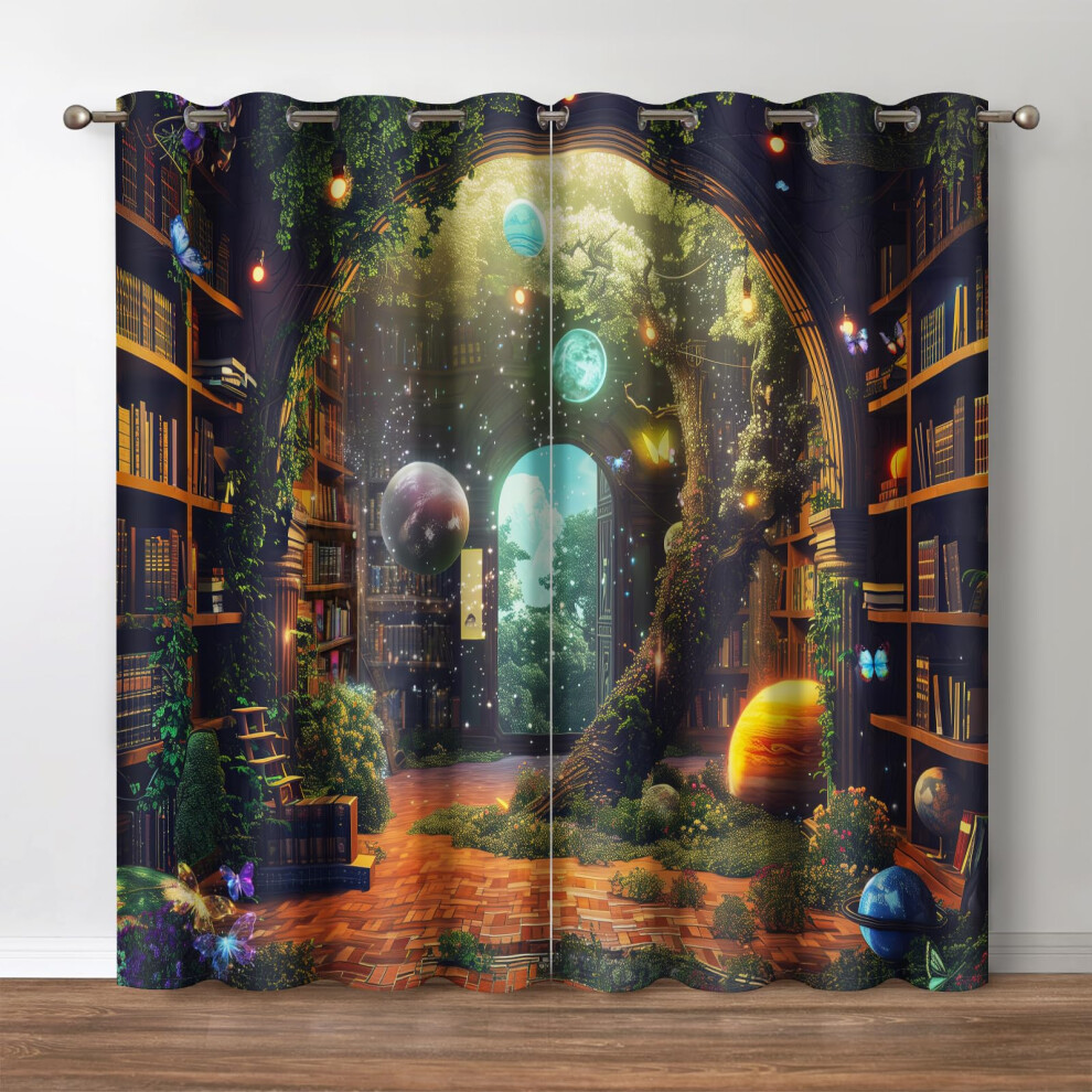 Jekeno Vintage Bookshelf Blackout Curtains Books Bookcase Mysterious Tree Flowers Planet Starry Sky Decor for Bedroom Study Classroom Living Room Dark-image-OPC-PGBTS2Y-NEW