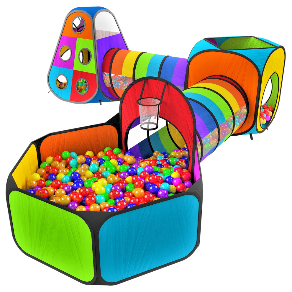 Playz Rainbow Lot de 5 tentes et tunnels pour piscine     balles pour enfants avec panier de basket et tunnel rampant pour tout-petits de 3 ans et