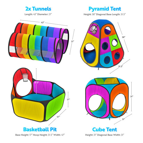 Playz Arco-íris 5pc Tendas e Túnel para Crianças, Parque de Diversões com Cesta de Basquete e Túnel de Rastejar 1