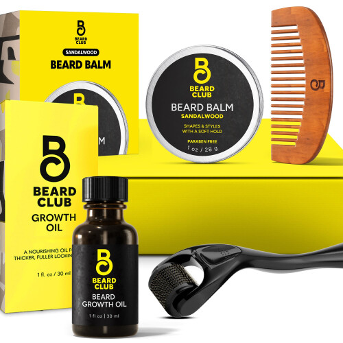 The Beard Club Bartwuchs-Set     Derma Roller, Bartwuchs   l, Sandelholz, Bartbalsam, Bartkamm     Geschenkset