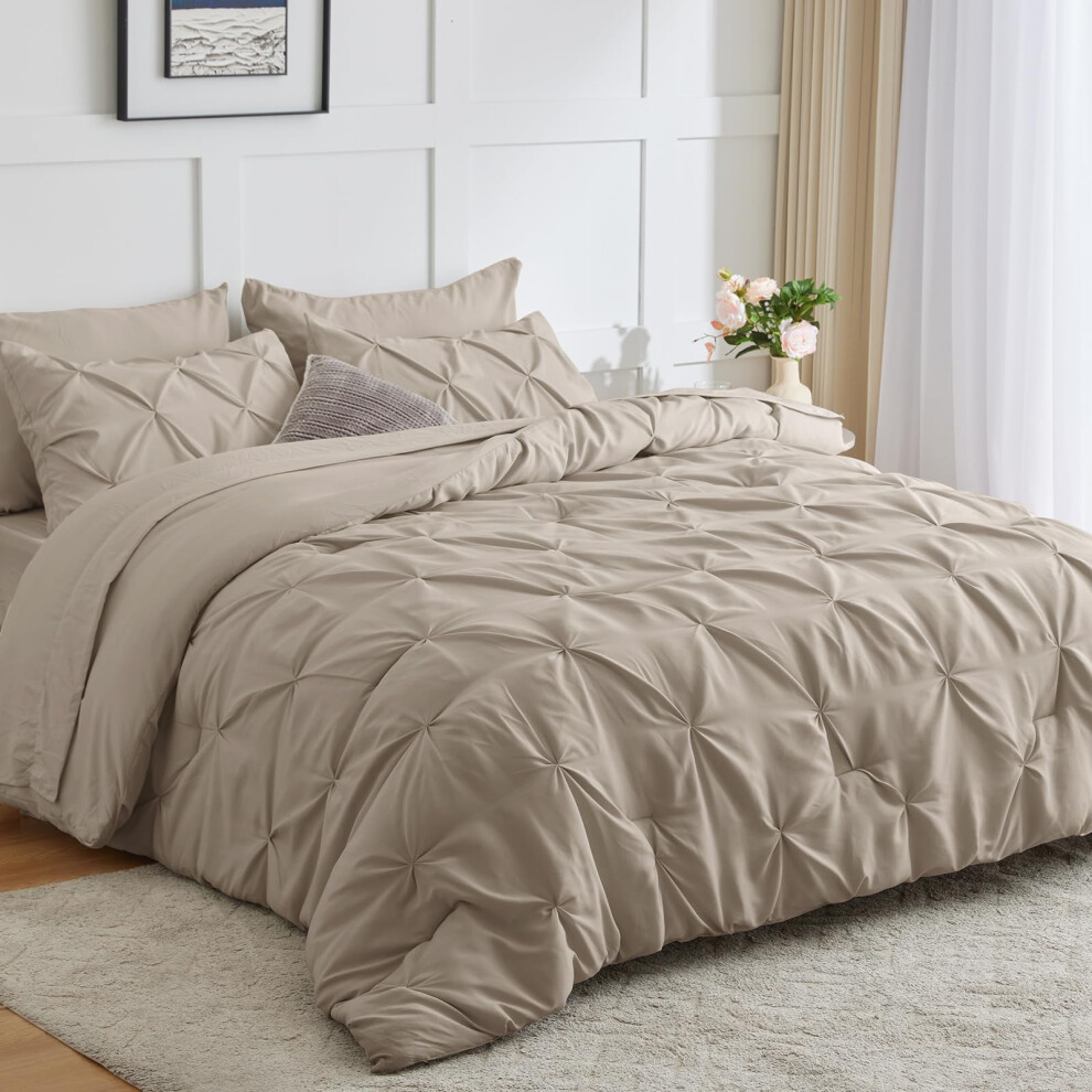 CozyLux California King Comforter Set - 7 Pieces Cal King Bed Set Pinch Pleat Oatmeal Cali King Bedding Set with Comforter Sheets Pillowcases