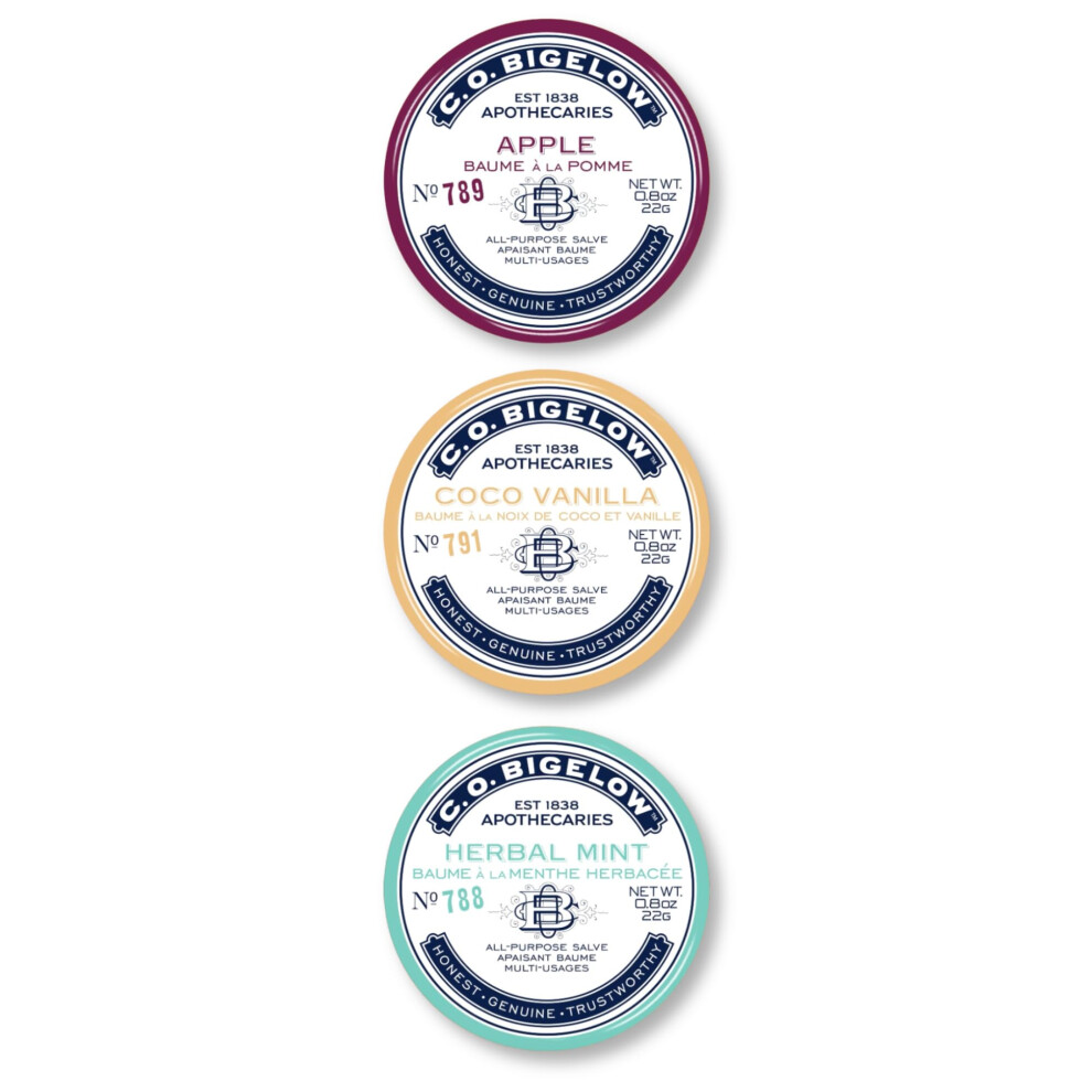 C. O. Bigelow C.o. Bigelow All Purpose Salves Variety Pack Of 3 Lip Balm Tins For Chapped Lips & Dry Skin Coco Vanilla Apple Herbal Mint Moisturizing Lip And Sk