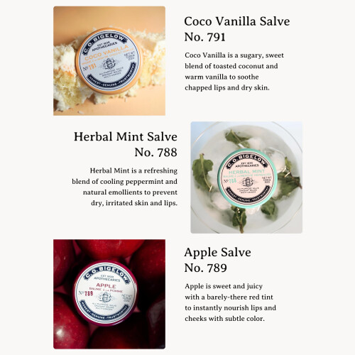 C.O. Bigelow Salves, Pack de 3 Lápis Labiais para Lábios e Pele Seca, Coco Baunilha, Maçã, Herbal Mint 2