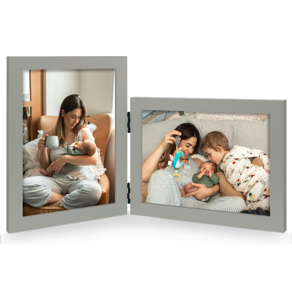 Jd Concept Grey Vertical Horizontal Combo Double 4X6 Wood Foldable Picture Frame Opening 3.5X5.5 Desktop Or Wall Mounted Portrait And Landscape Vi