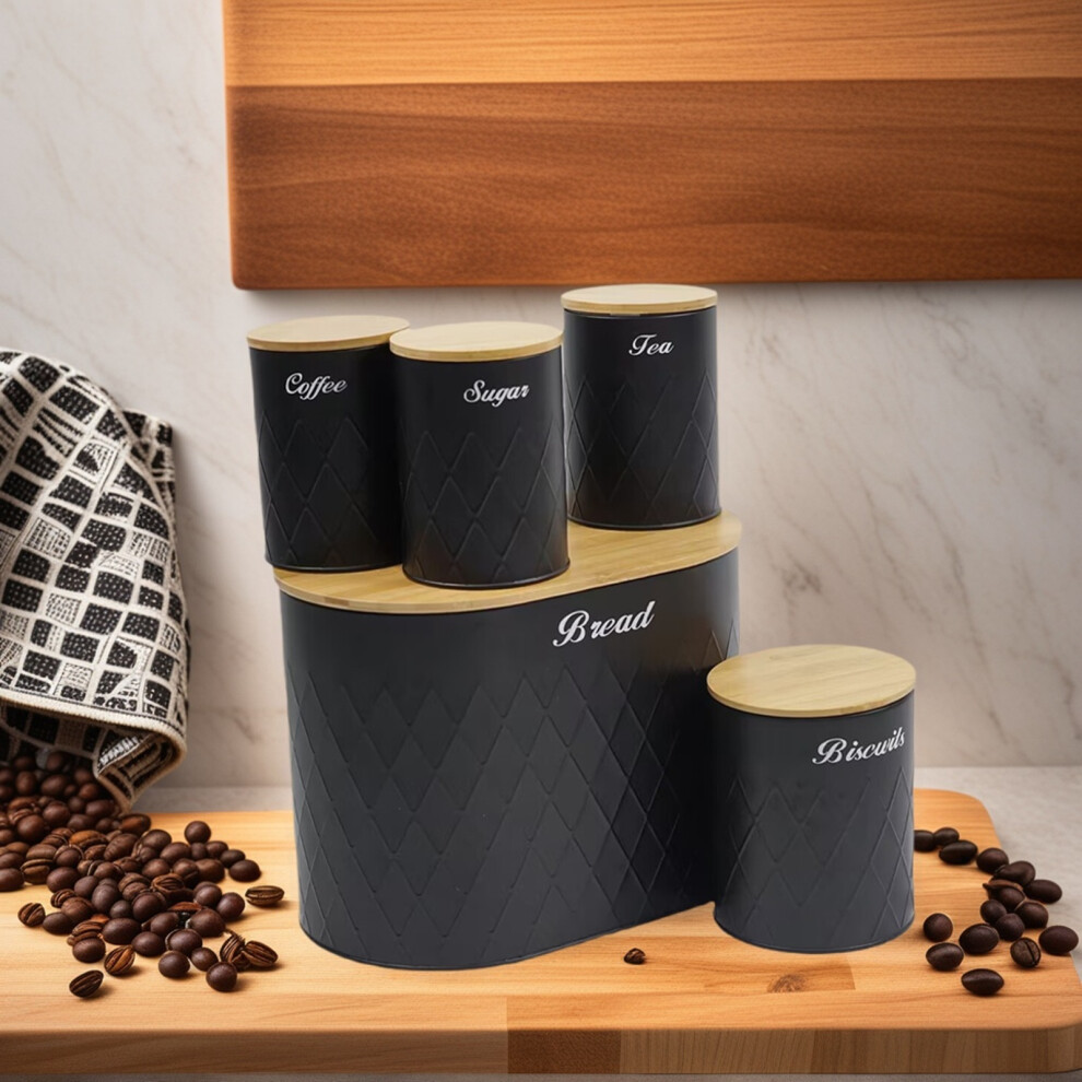 Black 5 Pc Tea Coffee Sugar Jars Bread Biscuit Canister Set Bamboo Lid