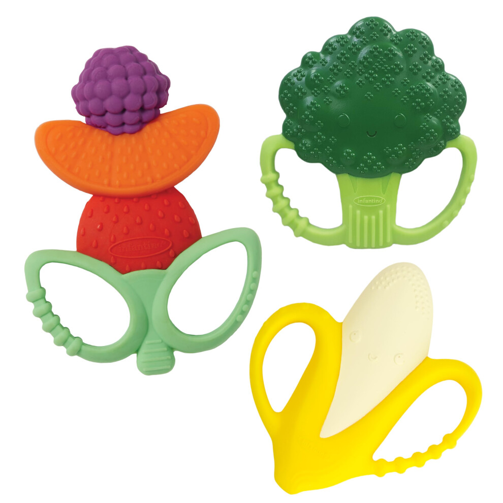 Farmers Market Teether Gift Set - Set Of 3 Bpa-Free Fruit & Veggie Textured Silicone Teethers For Soothing Sore Gums Multicolor Infantino