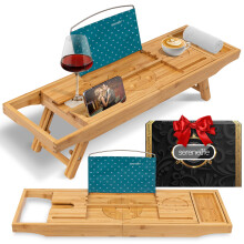 Serenelife 2 in 1 letto e vassoio da bagno - caddy vano da bagno in bamb pieghevole con lunghezza regolabile supporto per dispositivo non slip slot