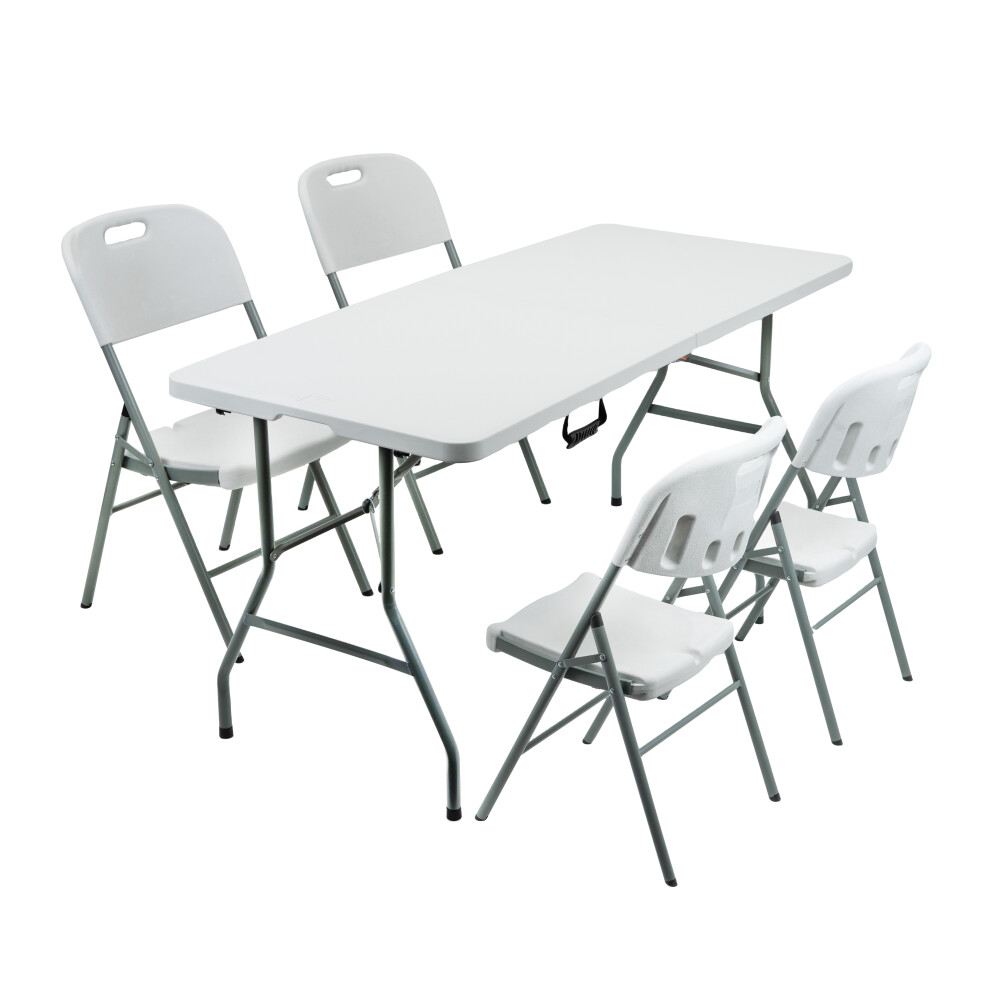(5Ft Table + [4 x Chairs]) 5/6FT CATERING CAMPING HEAVY DUTY FOLDING TRESTLE TABLE PICNIC BBQ PARTY CHAIRS