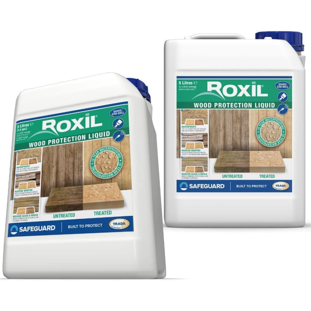 Roxil Wood Waterproofing Liquid 5 Litres x 2 - 10 Year Wood Preserver for Decking, Fence, Sheds and Furniture