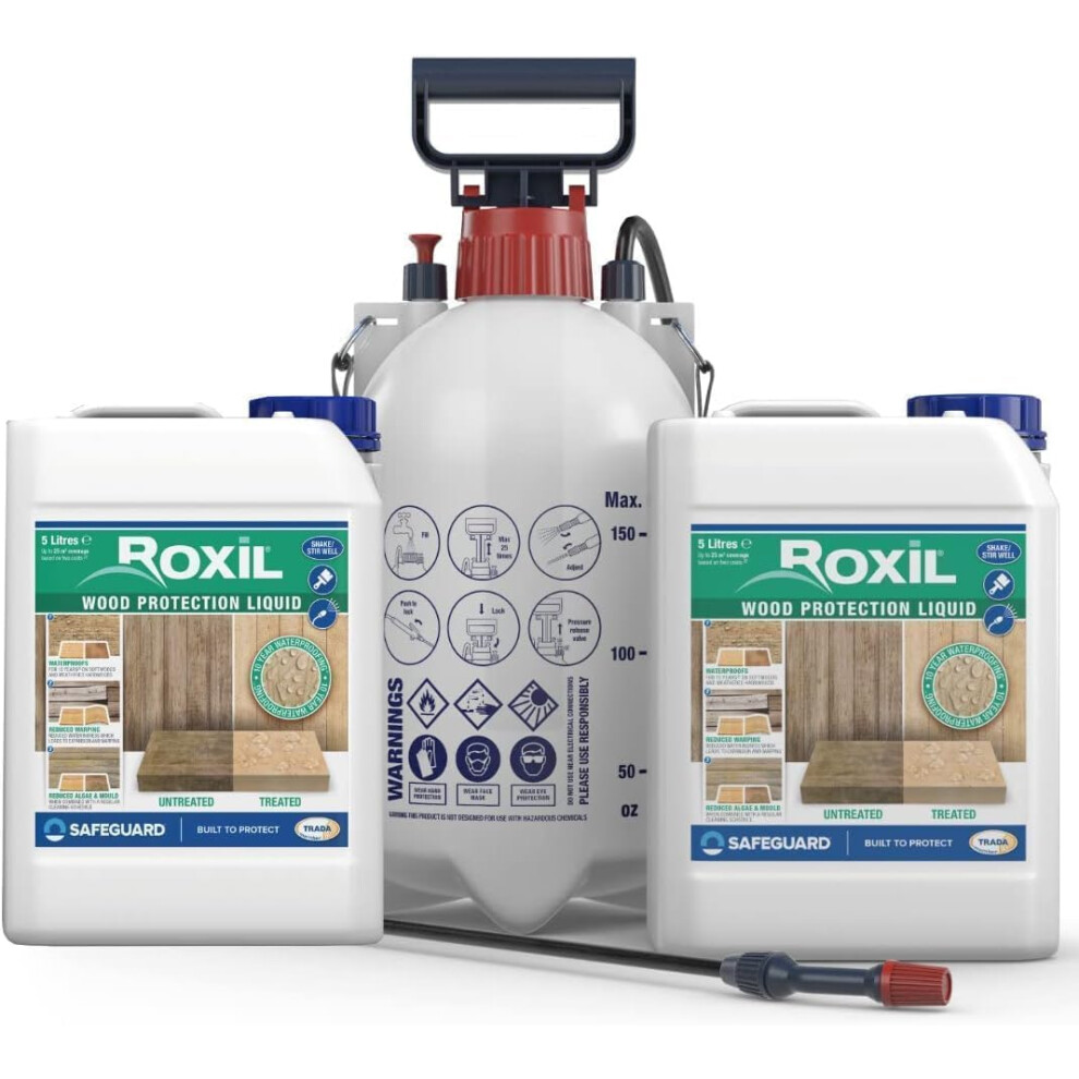 Roxil Wood Waterproofing Liquid 10 Litres & Sprayer - 10 Year Outdoor, Preserver and Sealer