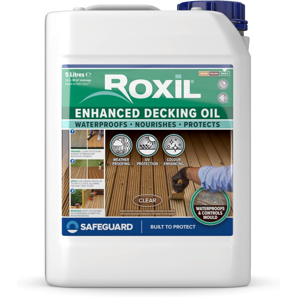 Roxil Enhanced Decking Oil - 5L Clear - Weatherproof, Nourish and Protect Outdoor Wood with Added UV Protection