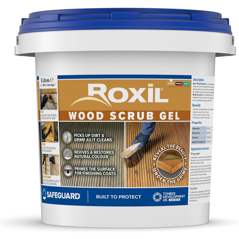 Roxil Grain Wood Scrub Gel (5L) - Oxalic Acid-Based Wood Cleaner To Revive Weathered Outdoor Furniture And Decking, Restore Colour And Wood