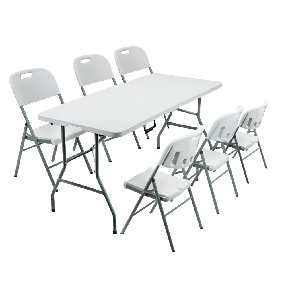 (6Ft Table + [6 x Chairs]) 5/6FT CATERING CAMPING HEAVY DUTY FOLDING TRESTLE TABLE PICNIC BBQ PARTY CHAIRS