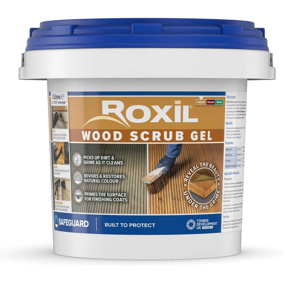 Roxil Wood Scrub Gel (3L) - Oxalic Acid-Based Wood Cleaner To Revive Weathered Outdoor Furniture And Decking, Restore Colour And Wood Grain