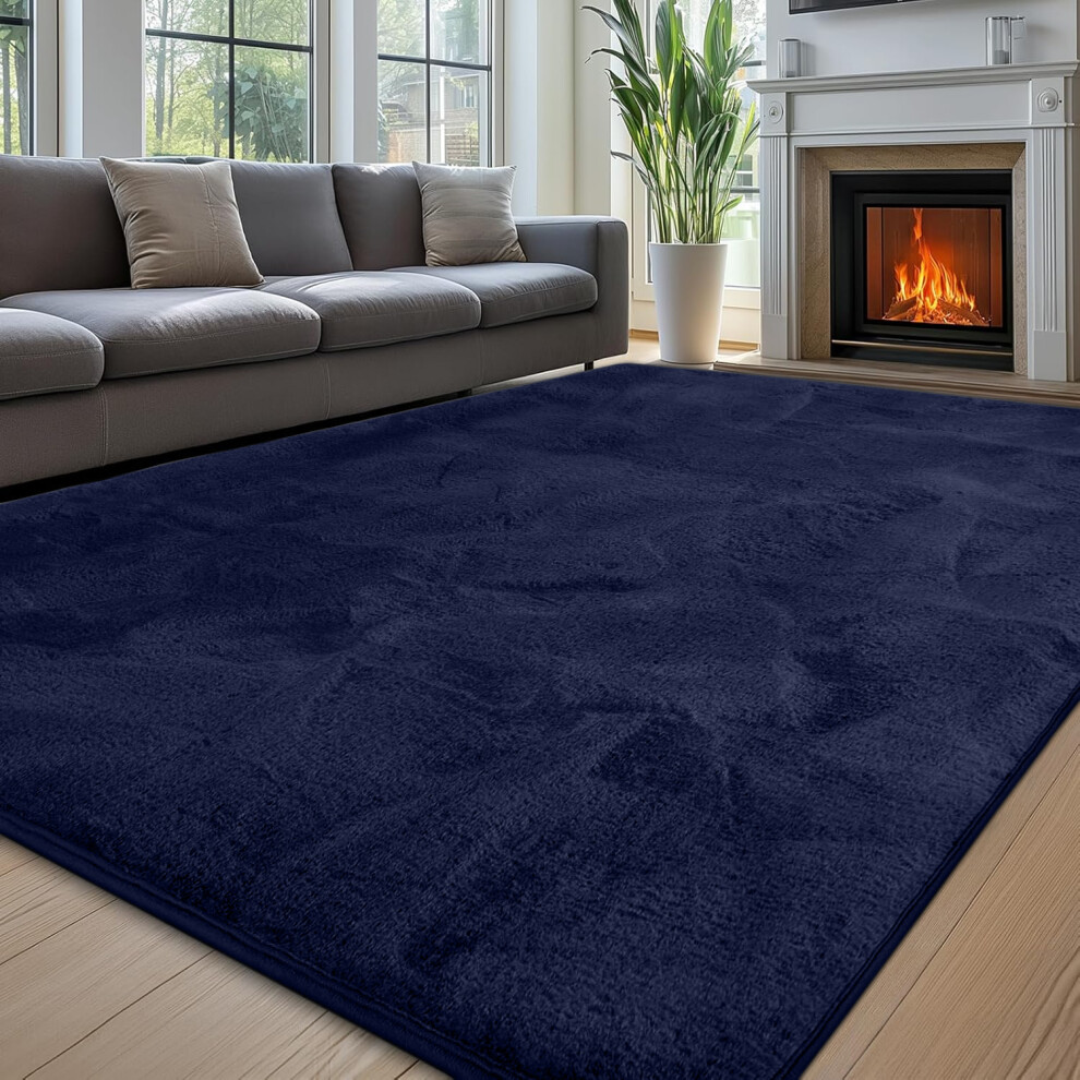 (160x230 cm (5ft 3" x 7ft 6")_Large Rugs For Bedroom Living Room, Fluffy Blue Navy) Faux Fur Rugs Living Room Non Slip Area Rug Carpet