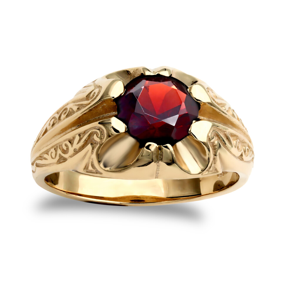 (R) Jewelco London Men's Solid 9ct Yellow Gold Round Brilliant Garnet Solitaire Carved Gypsy Ring - JRN212