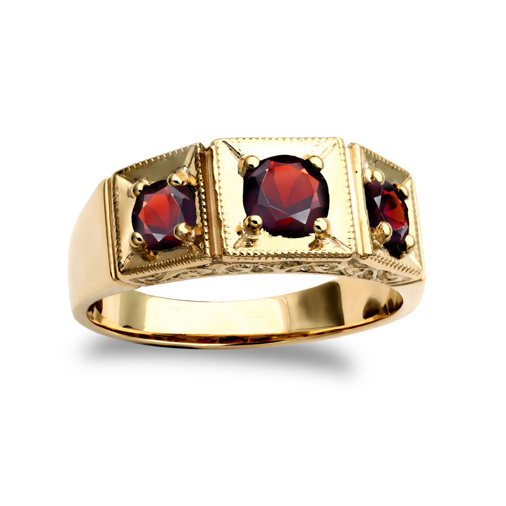 (R) Jewelco London Men's Solid 9ct Yellow Gold Round Brilliant Garnet 3 Stone Trilogy Carved Gypsy Ring - JRN217