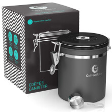 Contenitore per caff Coffee Gator in acciaio inox, ermetico, per fondi e chicchi, con valvola CO2 con data di scadenza e misurino - Medio, 16 oz