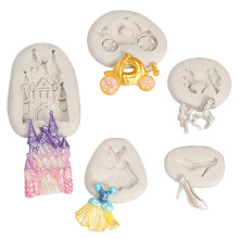 5pcs / ensemble Cendrillon Fondant Moule de fee Castle Pumpkin Carriage Princess Robe Crystal chaussures Silicone Chocolate Candy Moule Gum Colle