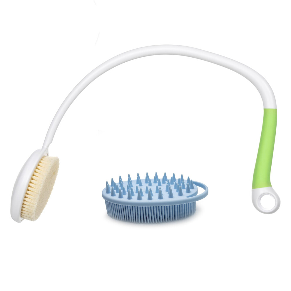 Fanwer 27.5 Back Bath Brush Long Handle For Shower And Silicone Body Scrubber Shower Back Scrubber With Curved Handle For Elderly Disabled Limited