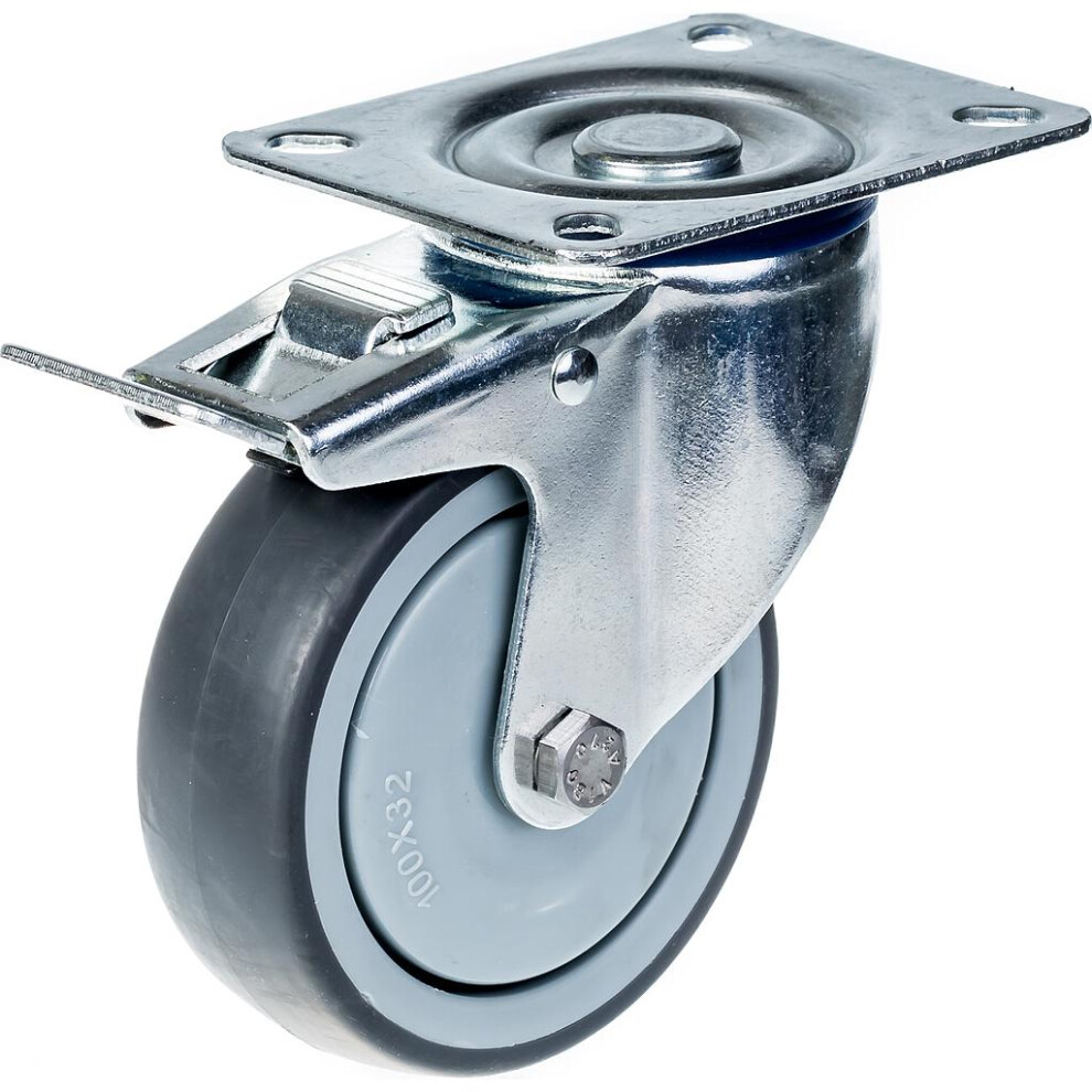 100Mm 4" Castor Grey Rubber Tyre Swivel With Brake Strong 110Kg Capacity 5056116820884
