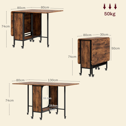 Homcom HOMCOM Mobile Drop Leaf Dining Table on Wheels with Storage Shelf Rustic Brown 2