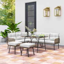 (White) Outsunny Sectional Outdoor Furniture with Glass Top Table