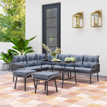 (Grey) Outsunny Sectional Outdoor Furniture with Glass Top Table