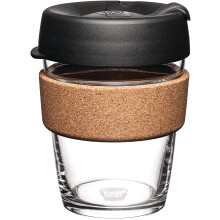 Keepcup Reusable Tempered glass coffee cup Travel Mug with Spill Proof Lid Brew cork Band Lightweight BPA Free Medium 12oz Black