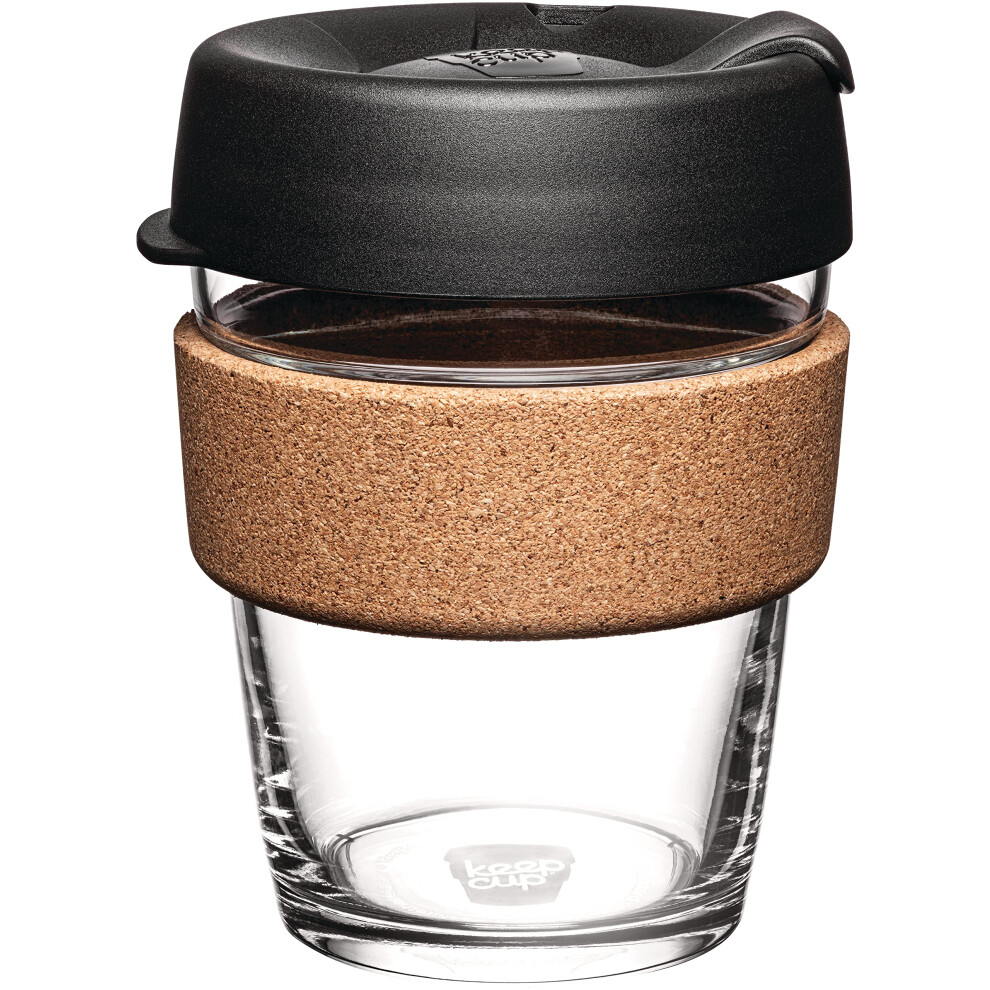Keepcup Reusable Tempered glass coffee cup  Travel Mug with Spill Proof Lid  Brew cork Band  Lightweight  BPA Free  Medium  12oz  Black