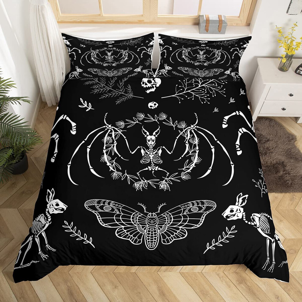 Castle Fairy Moth Duvet Cover Twin Size Gothic Rabbit Animal Skull Bedding Set 2pcs for Kids Teens Halloween Skeleton Black White Comforter Cover Soft