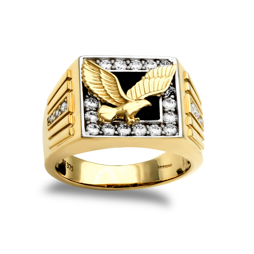 (Y) Jewelco London Men's 9ct Yellow and White Gold Black and White Onyx and Cubic Zirconia Pave Eagle Signet Ring - JRN431